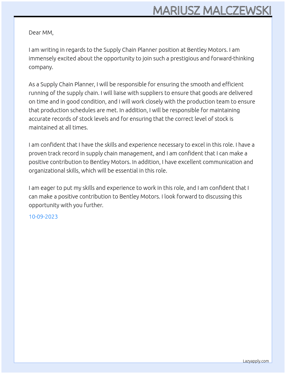 Supply Chain Planner At Bentley Motors Cover Letter