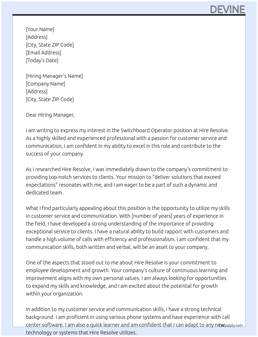 SWITCHBOARD OPERATOR At HIRE RESOLVE Cover Letter