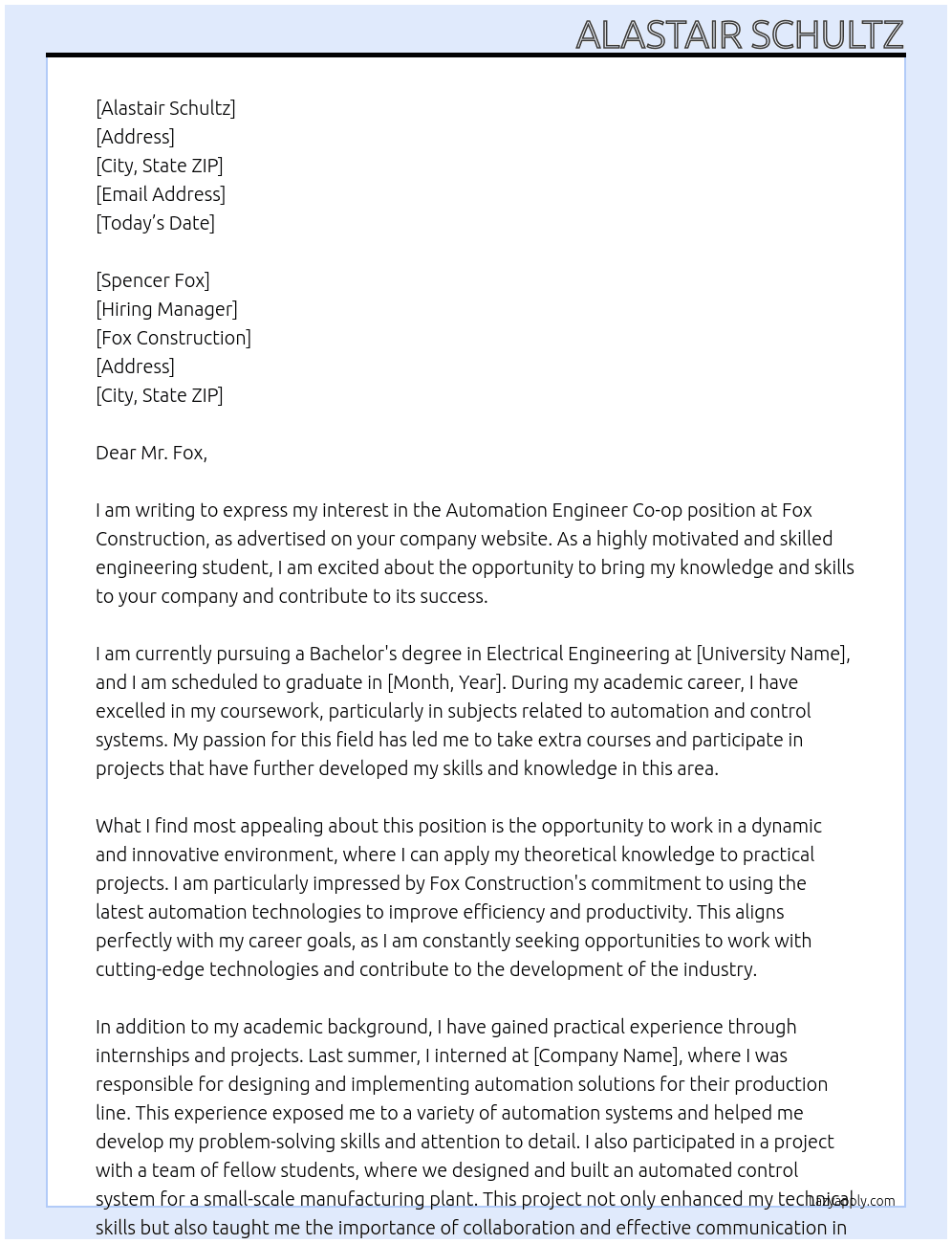 Automation Engineer Co-op At Fox Construciton Cover Letter