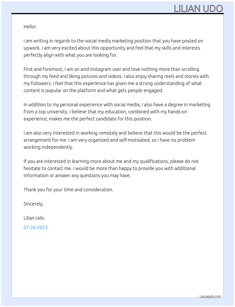 Social media marketing At On upwork Cover Letter