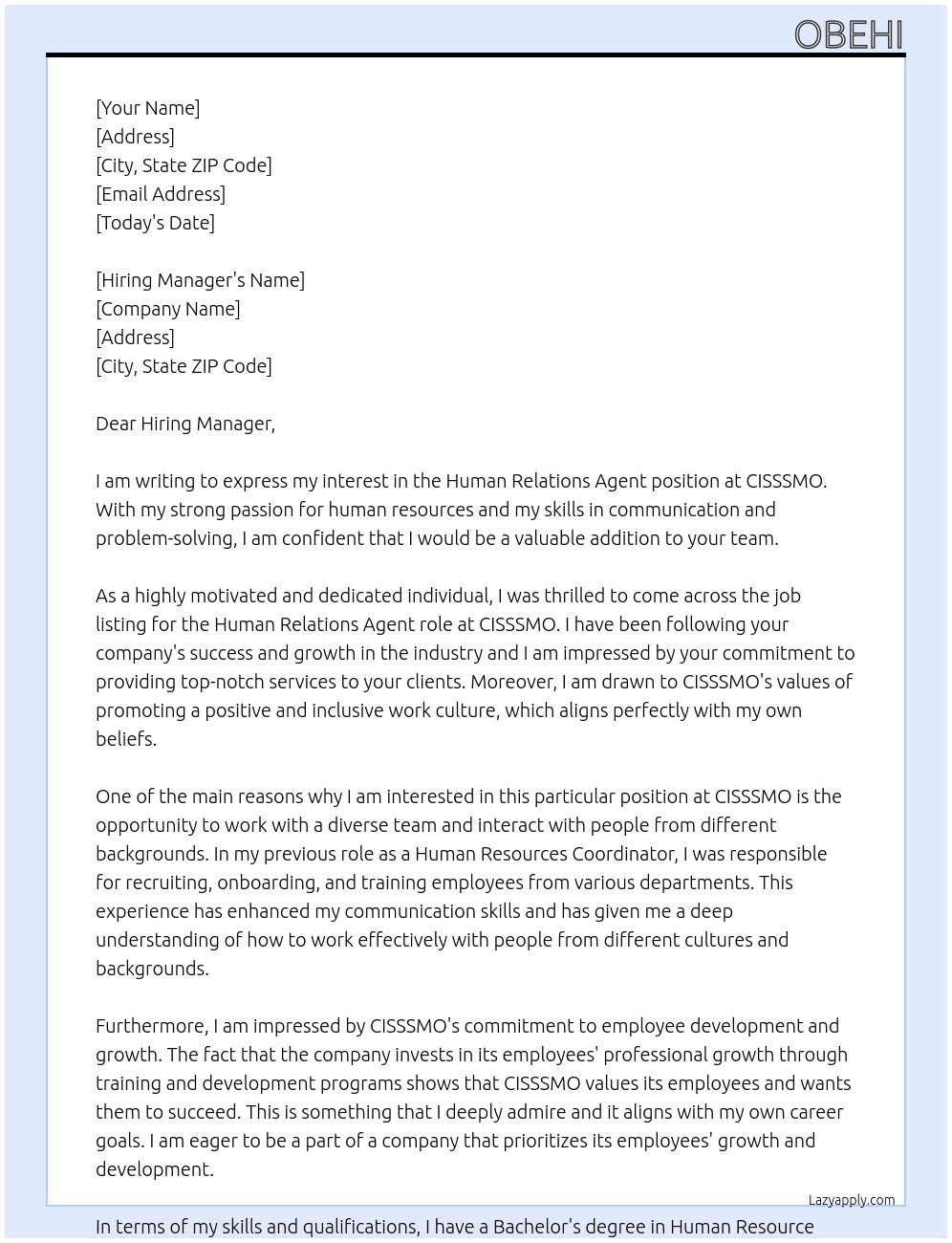 Human Relations Agent At CISSSMO Cover Letter