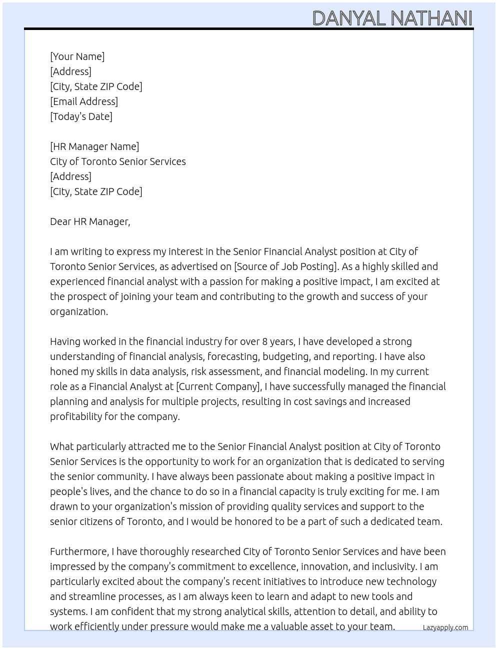 Senior Financial Analyst At City of Toronto Senior Services Cover Letter
