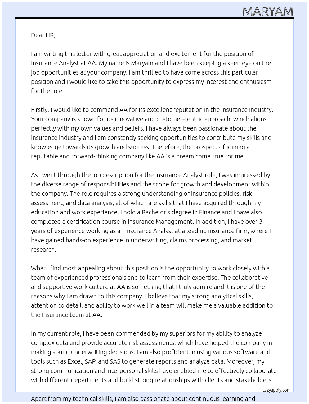 Insurance Analyst At AA Cover Letter