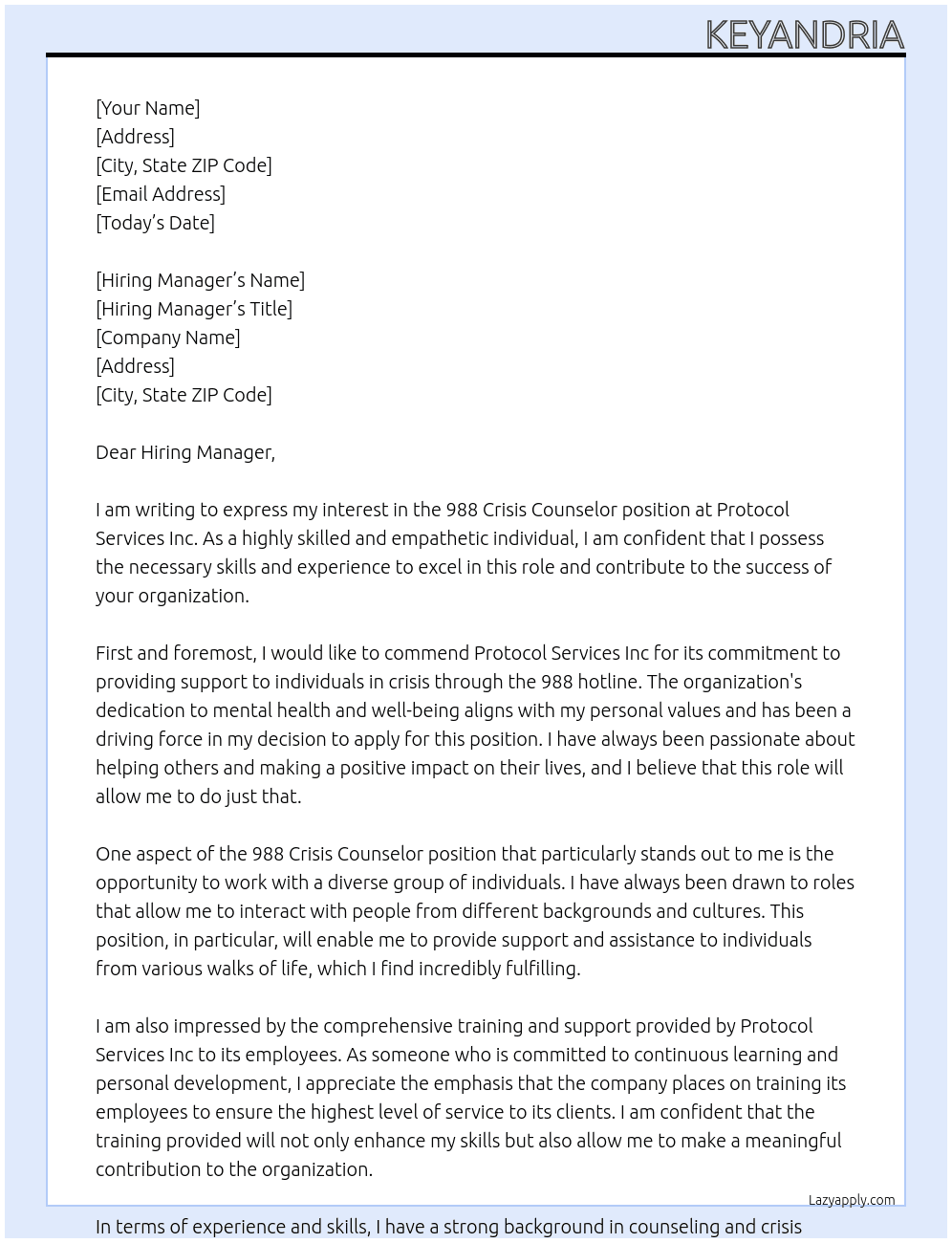 988 Crisis Counselor At Protocol Services Inc Cover Letter