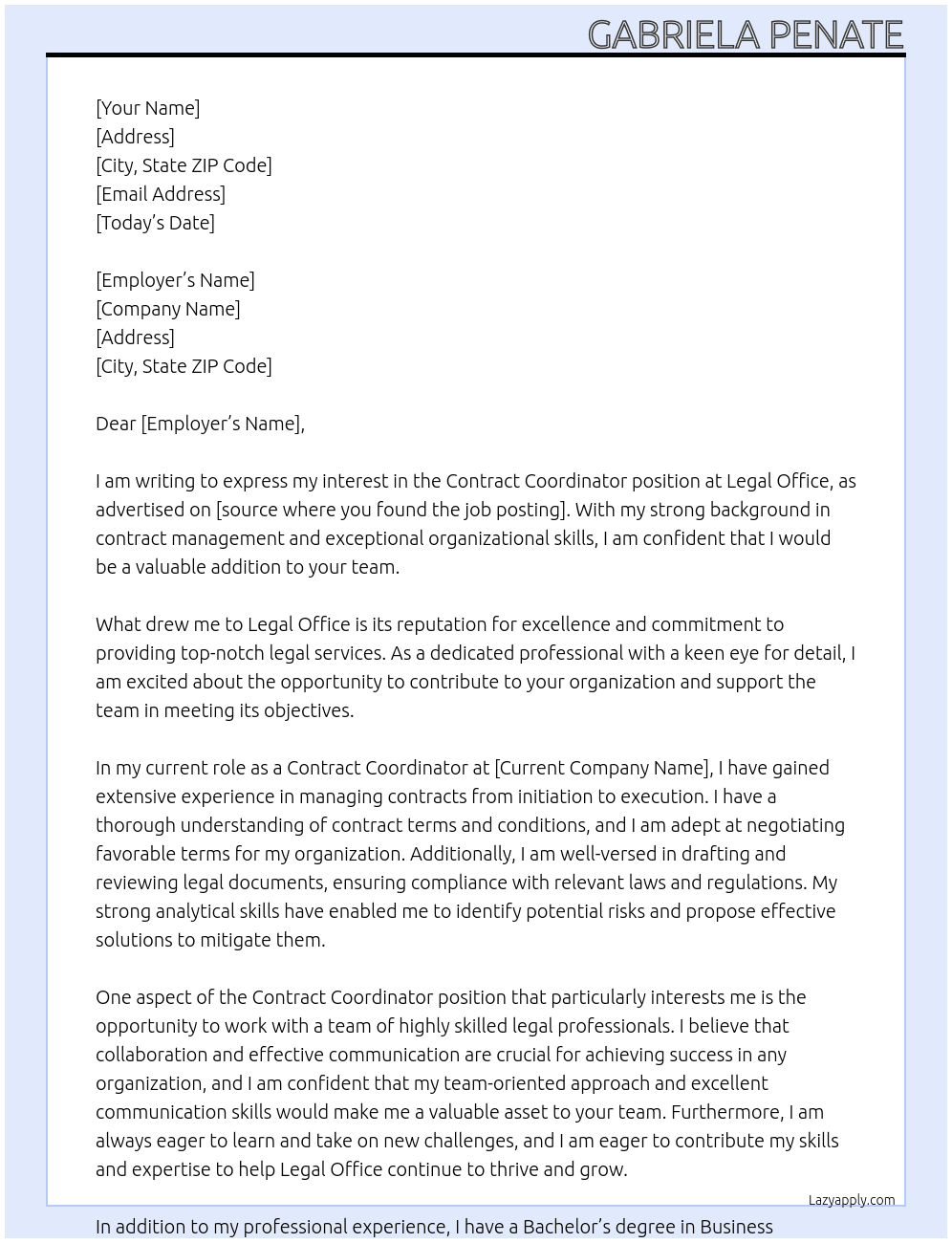 Contract Coordinator At Legal Office Cover Letter