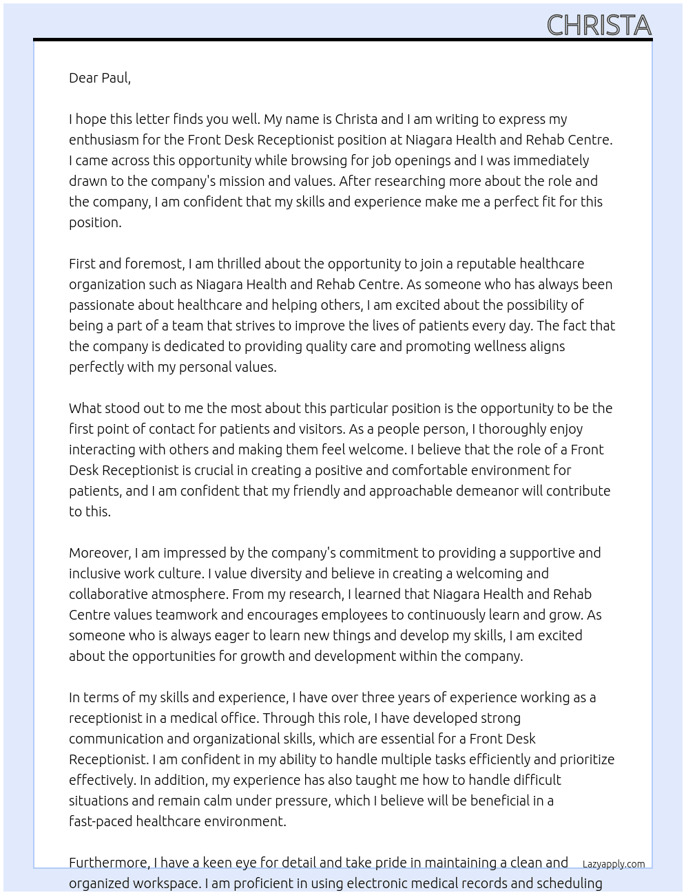Front Desk Receptionist At Niagara Health and Rehab Centre Cover Letter
