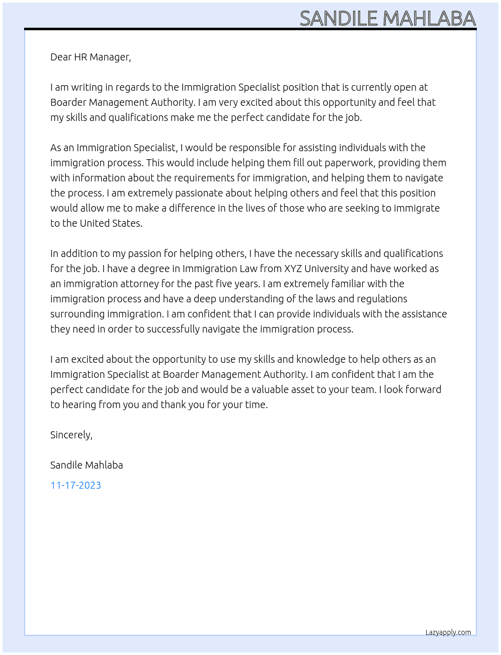 Immigration specialist At Boarder Management Authority Cover Letter