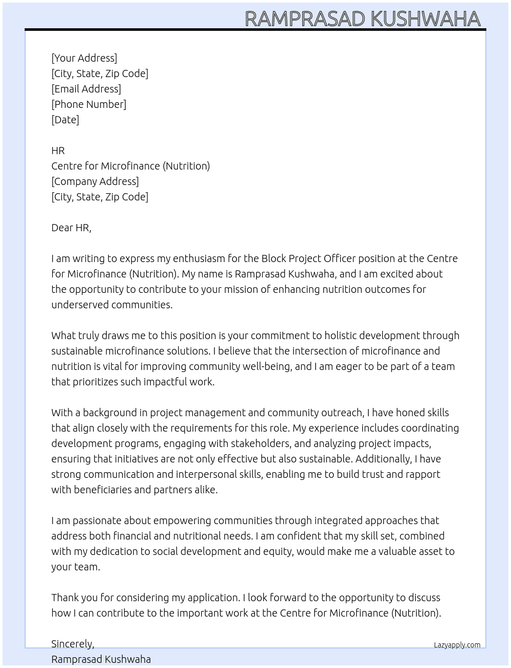 Cover letter for block project officer - LazyApply