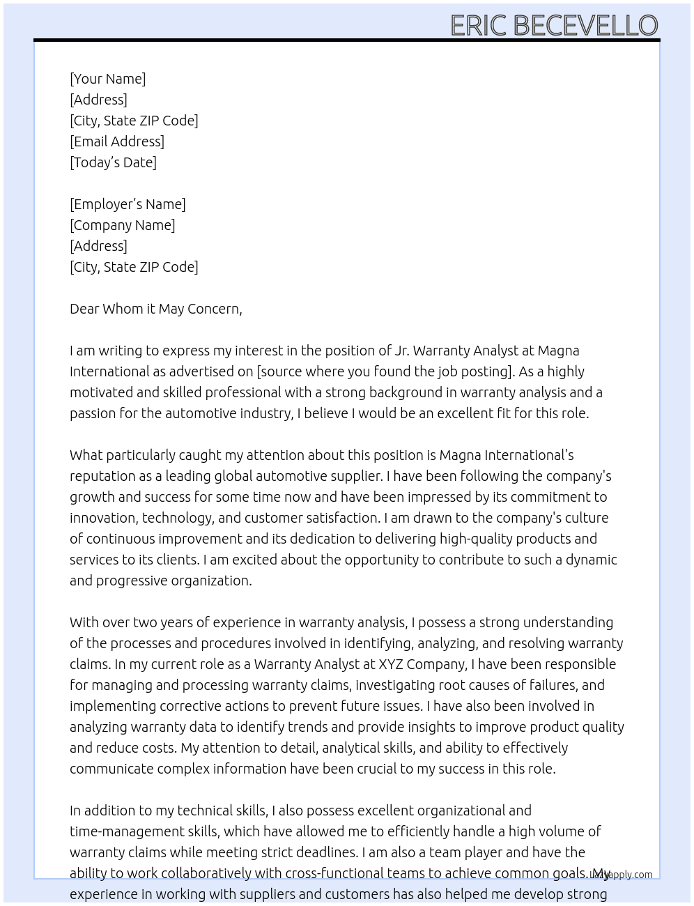 Jr. Warranty Analyst At Magna International Cover Letter