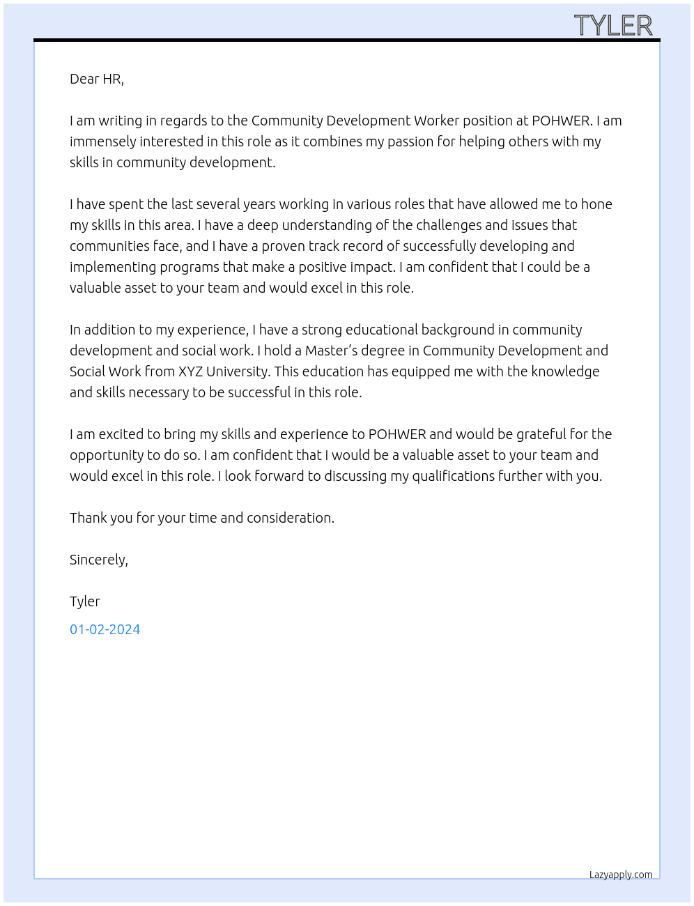 Community Development Worker At POHWER Cover Letter