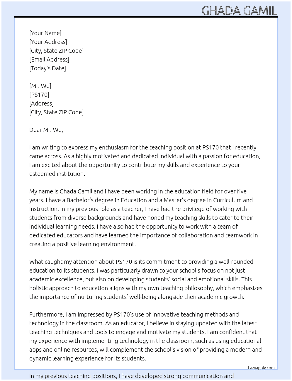 teacher At ps170 Cover Letter