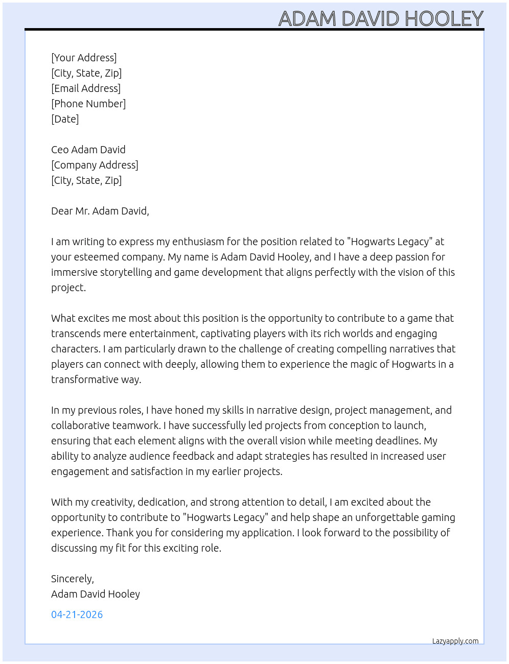 Hogwarts Legacy  At Ceo adam david  Cover Letter