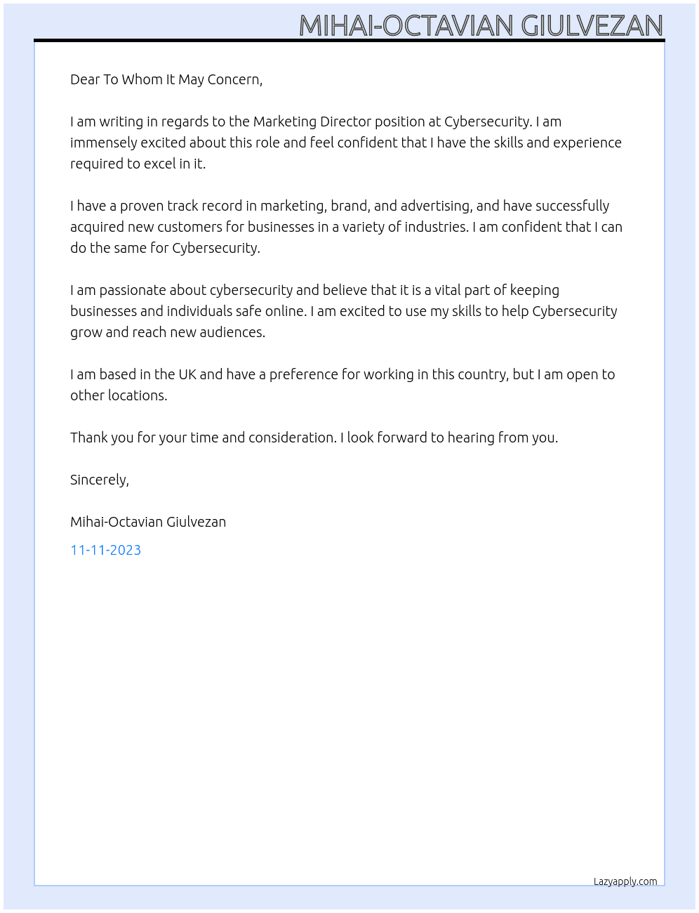 Marketing Director At Cybersecurity Cover Letter