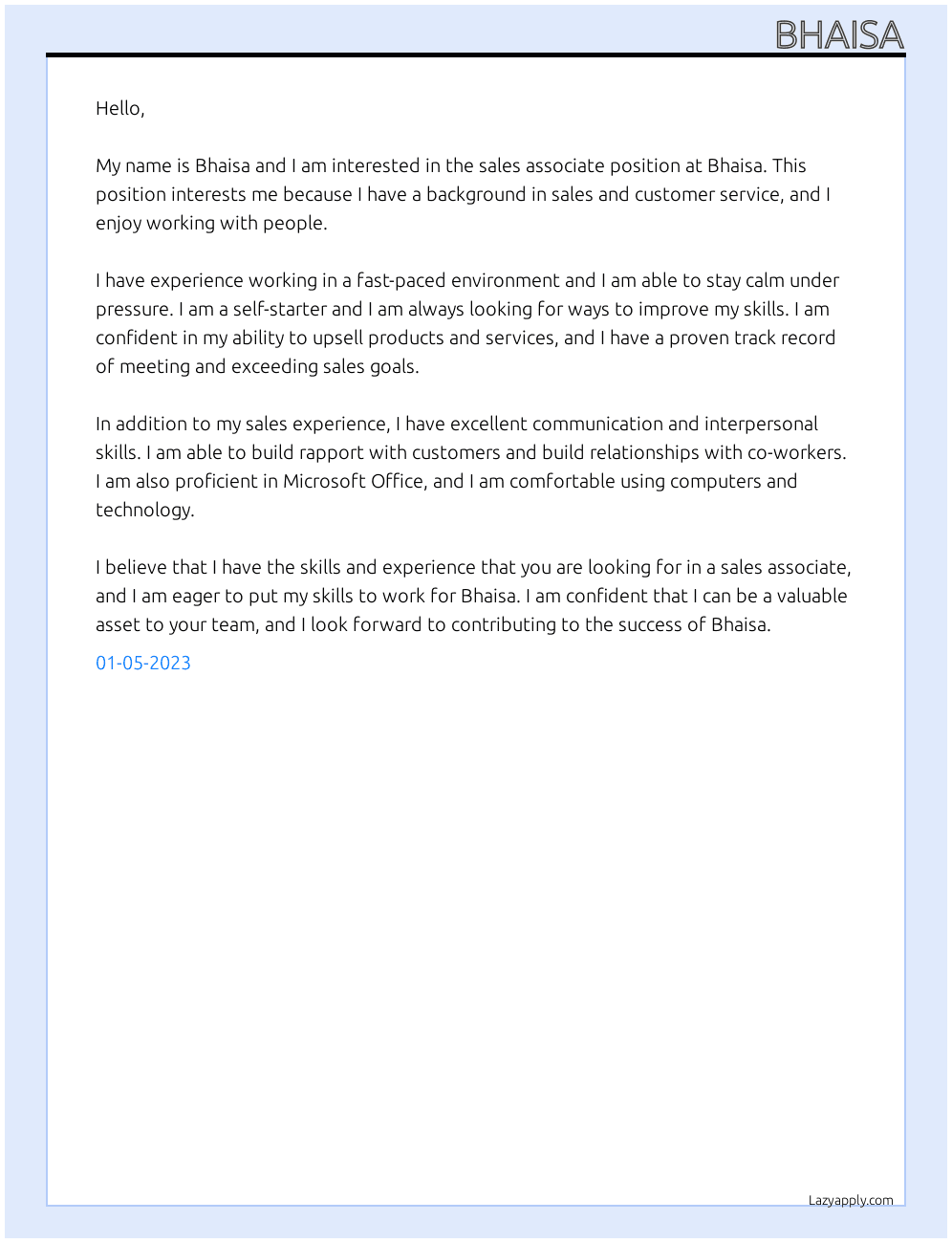 Sales associate At Bhaisa Cover Letter