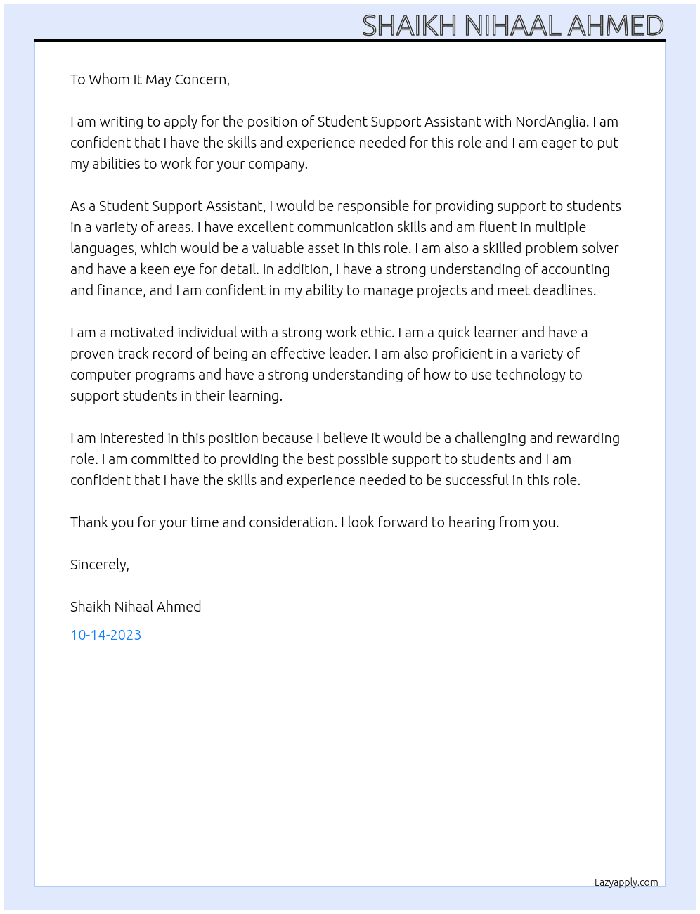Student Support Assistant At NordAnglia Cover Letter