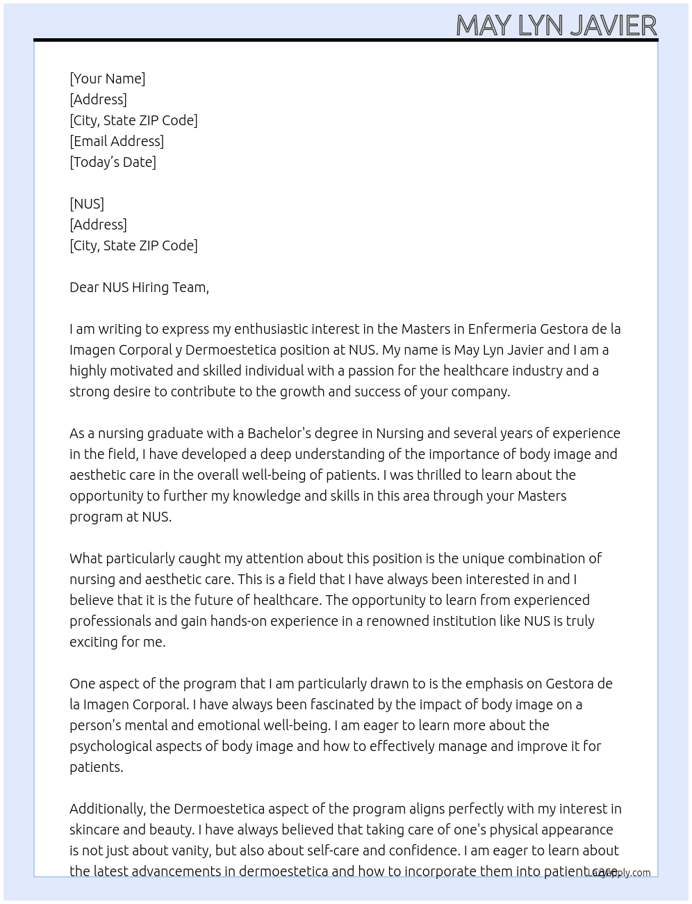 masters in enfermeria gestora de la imagen corporal y dermoestetica At NUS Cover Letter