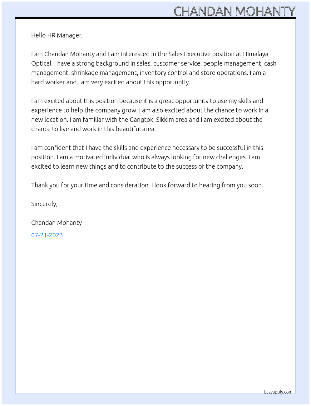 Sales Executive  At Himalaya Optical Cover Letter