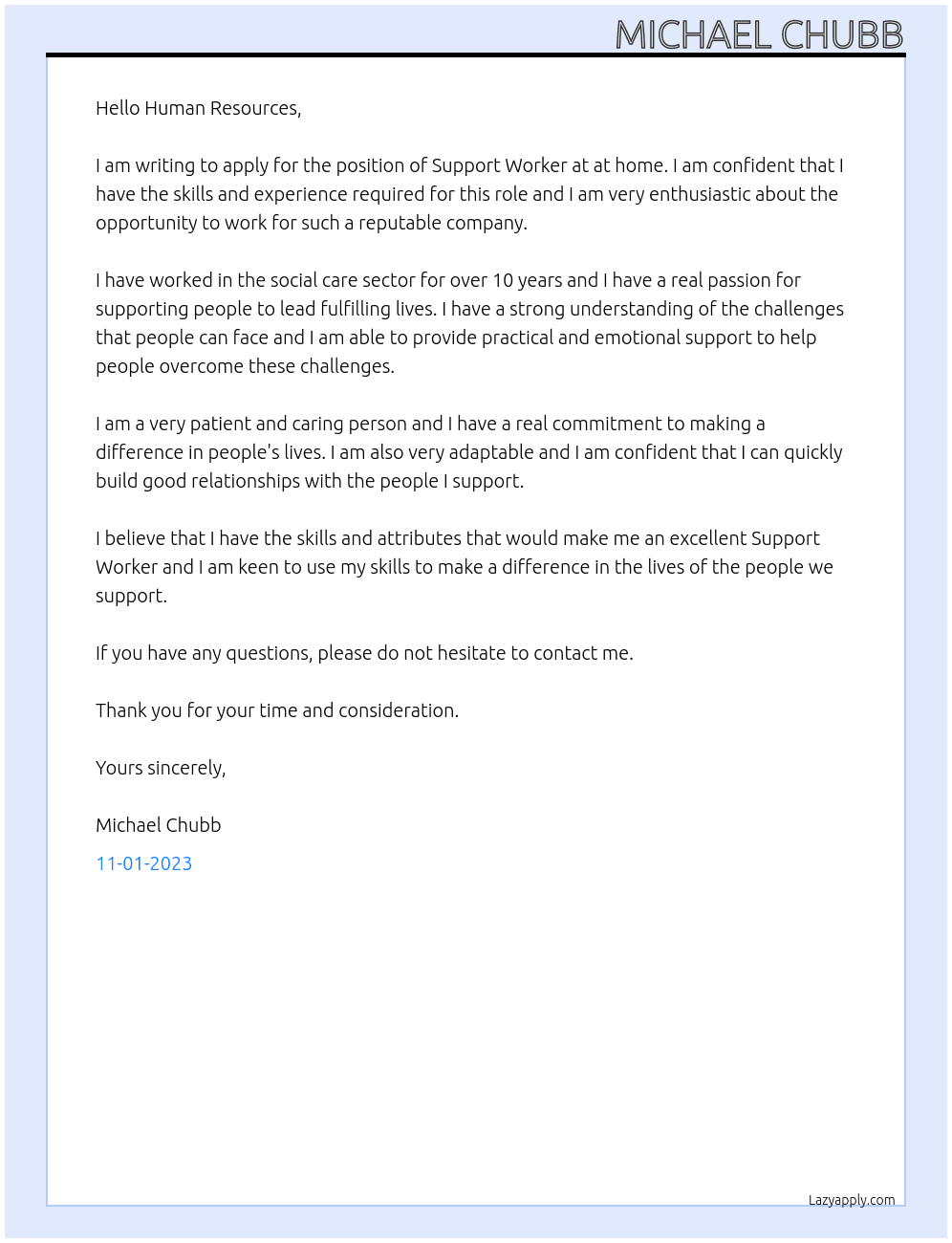 Support Worker At at home Cover Letter