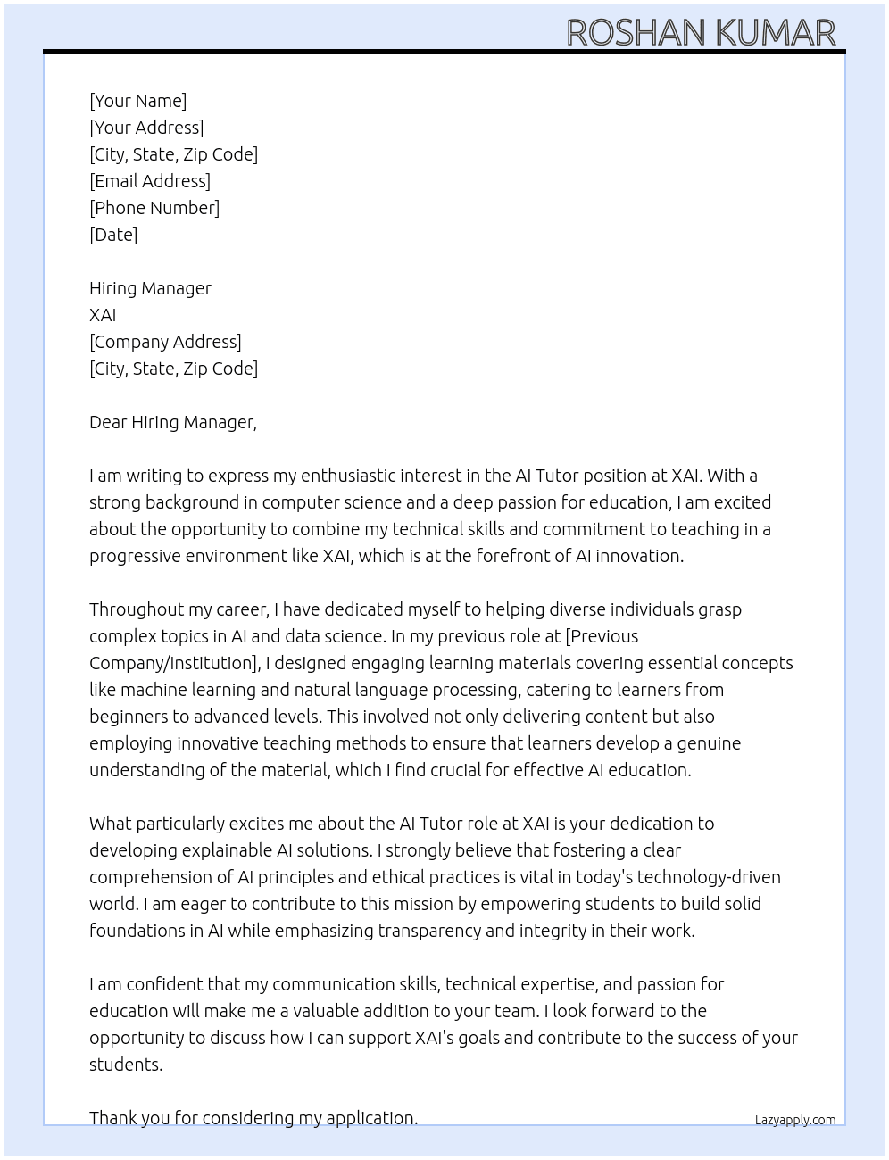 AI Tutor  At XAI Cover Letter