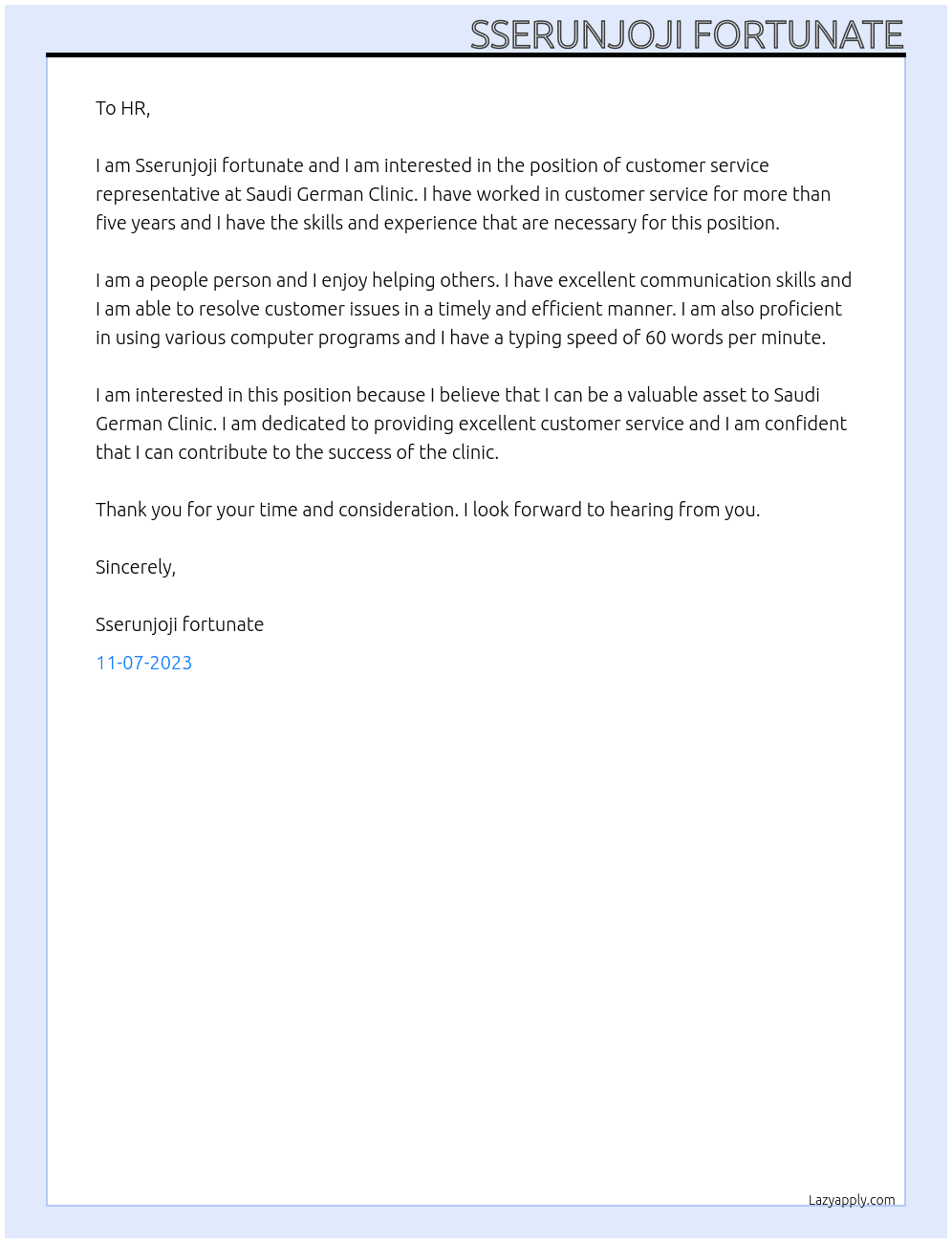 customer service representative  At Saudi German Clinic  Cover Letter