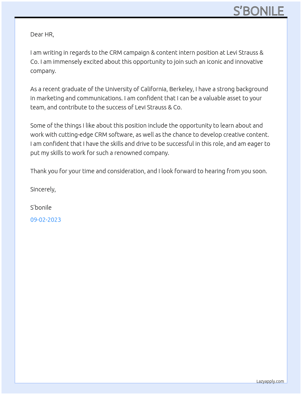 CRM campaign & content intern At Levi Strauss & Co. Cover Letter