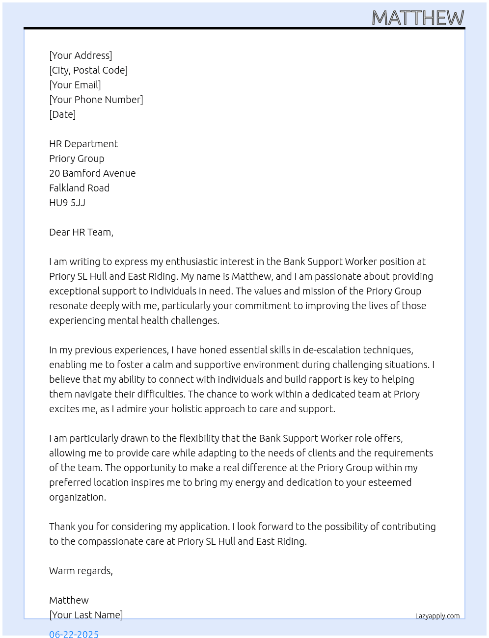support worker At Priory group Cover Letter