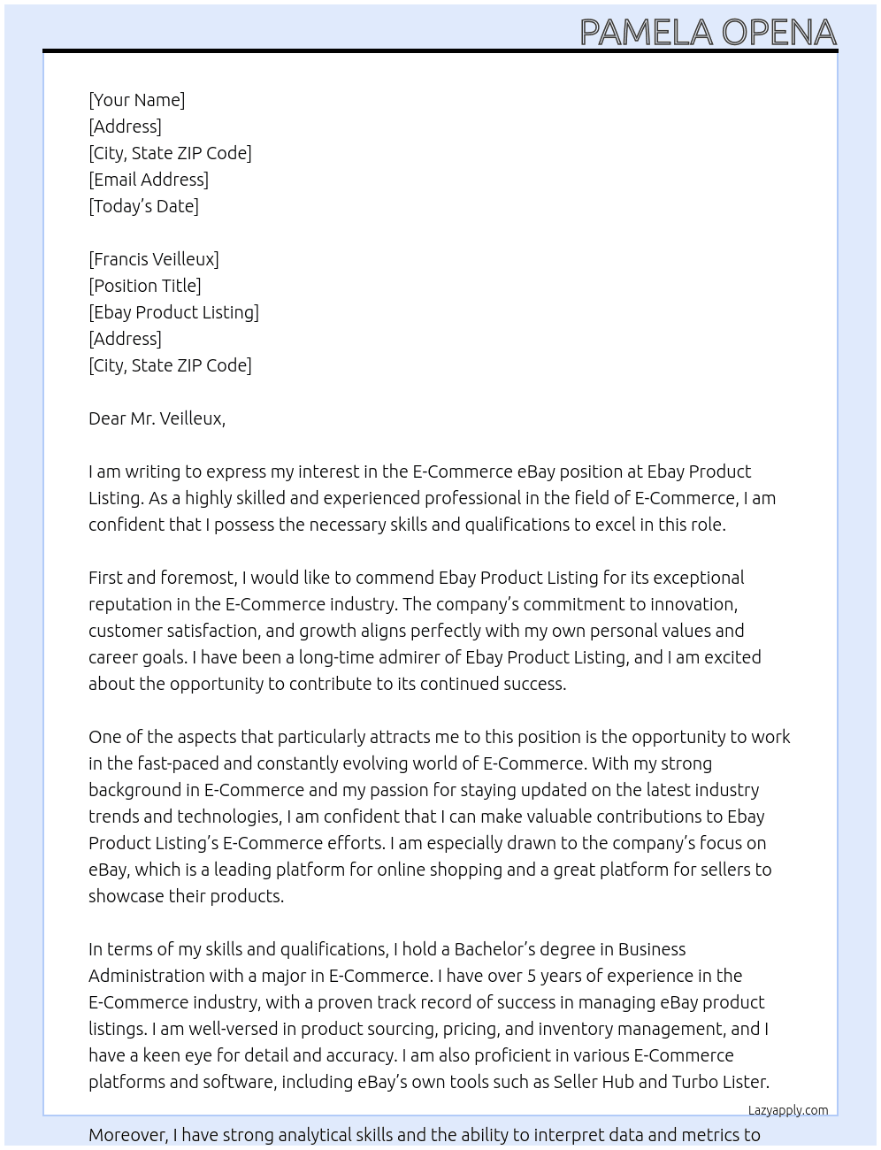 E-Commerce eBay At Ebay Product listing Cover Letter