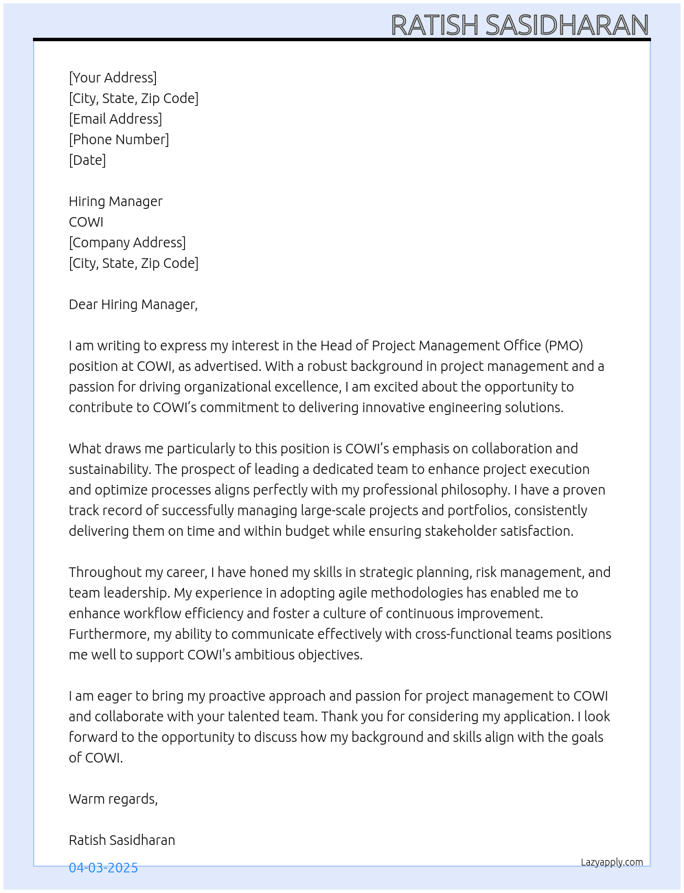 Head of Project Management Office (PMO) At COWI Cover Letter
