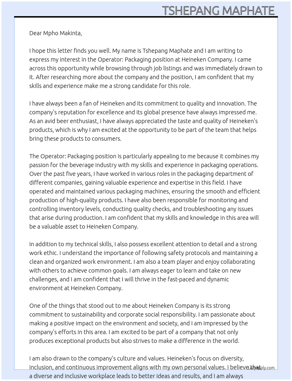 Operator: Packaging At Heineken company  Cover Letter
