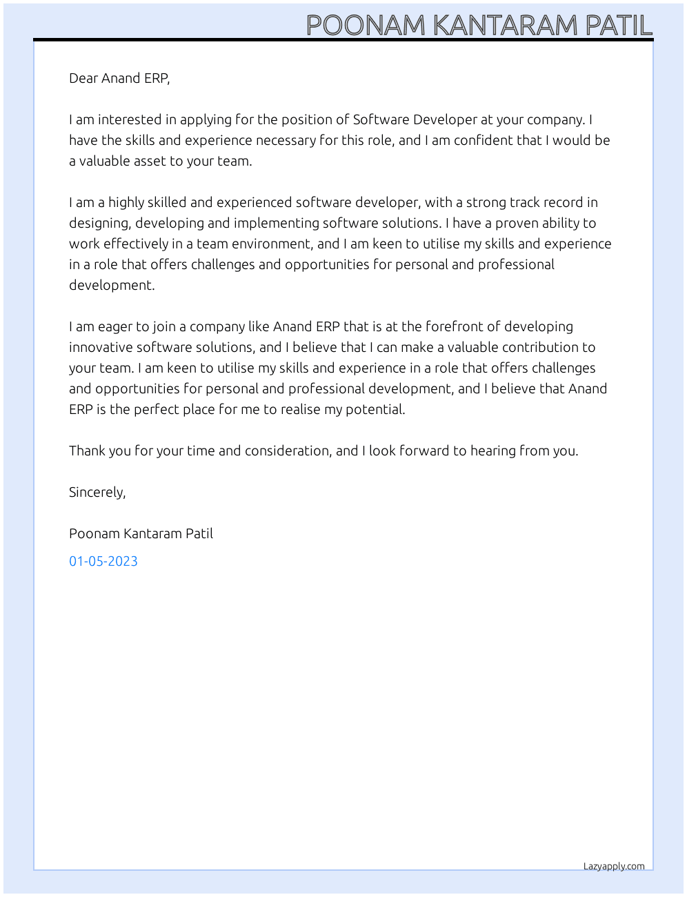 Software developer At Anand ERP Cover Letter
