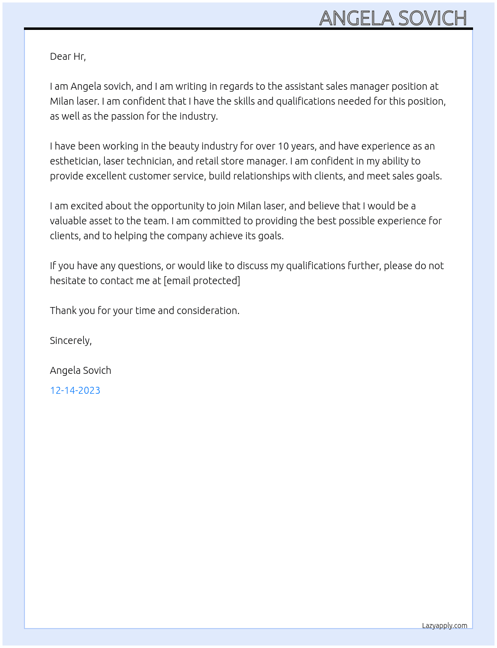 Assistant sales manager  At Milan laser  Cover Letter