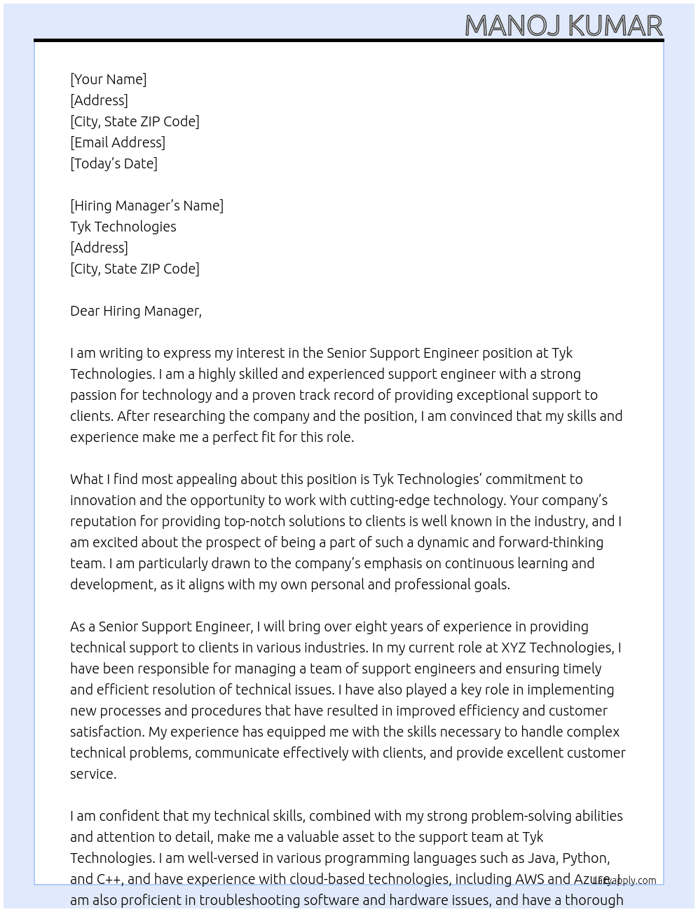 Senior Support Engineer At Tyk Technologies Cover Letter
