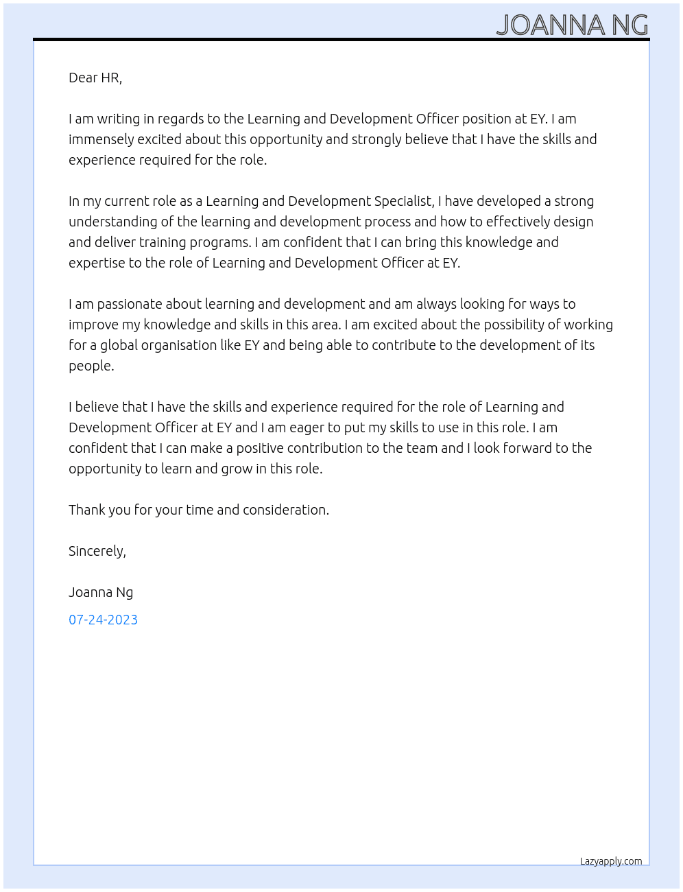 Learning and Development Officer At EY Cover Letter