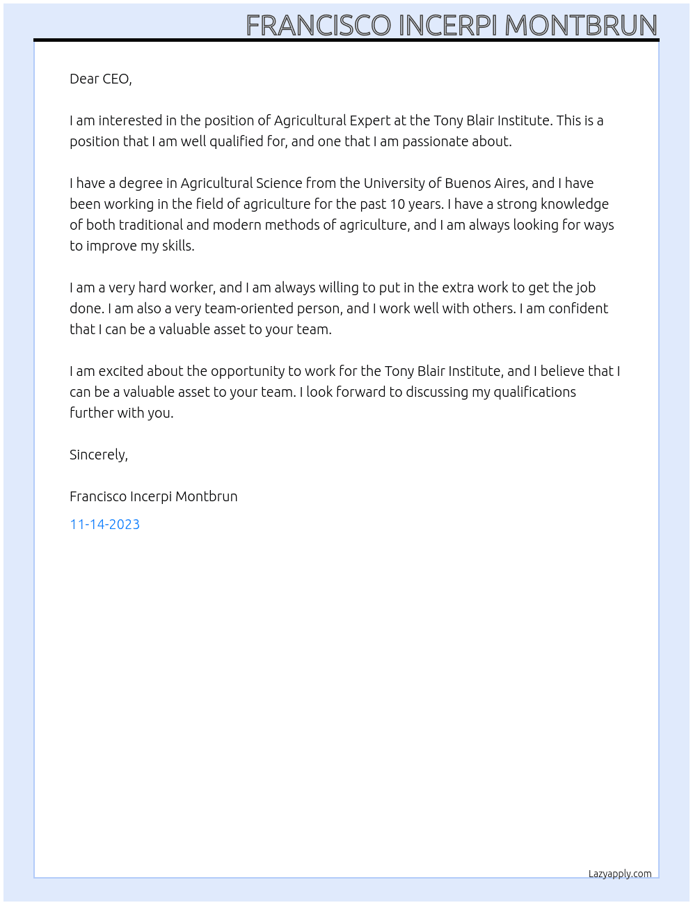 Agricultural expert At Tony Blair institute  Cover Letter