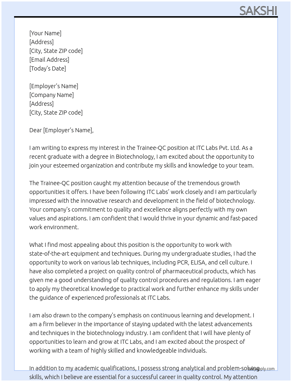trainee-QC At ITC labs pvt.ltd Cover Letter
