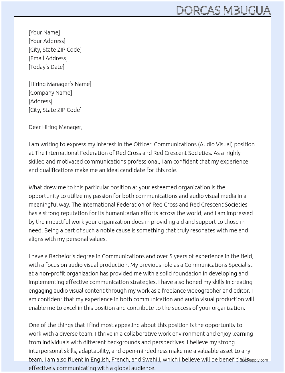 Officer, Communications (Audio Visual) At The International Federation of Red Cross and Red Crescent Societies  Cover Letter