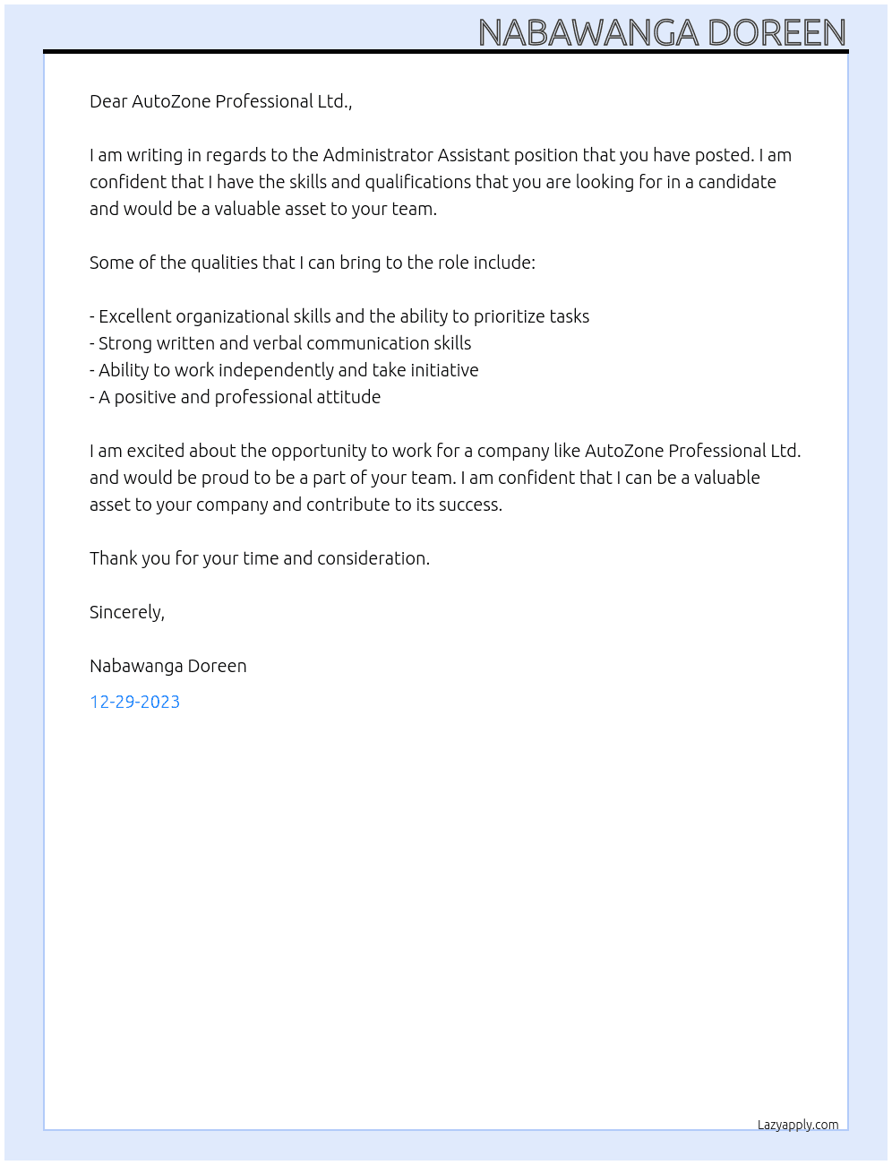 Administrator assistant  At AutoZone professional ltd Cover Letter