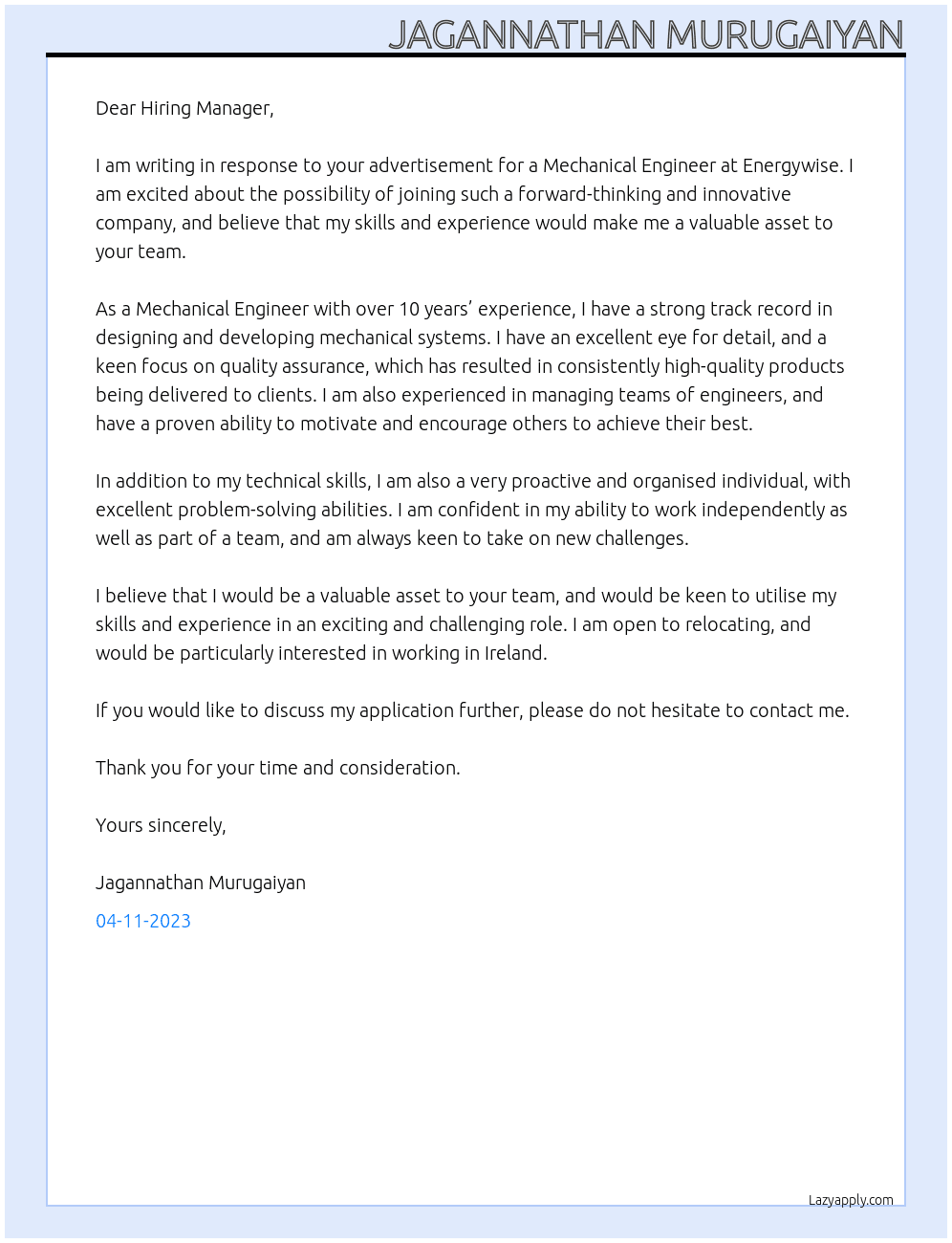 Mechanical Engineer At Energywise Cover Letter