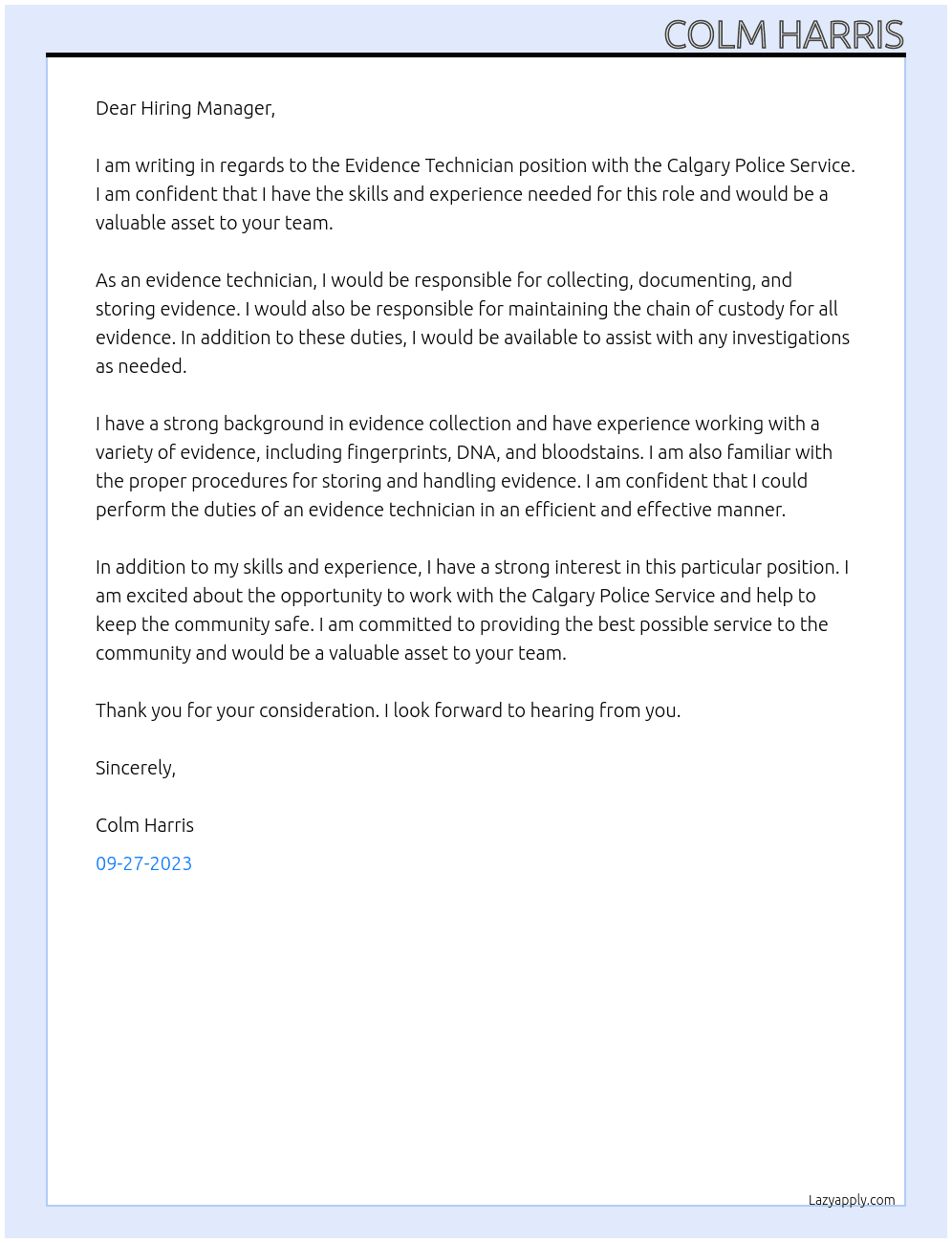 Evidence Technician  At Calgary Police Service  Cover Letter