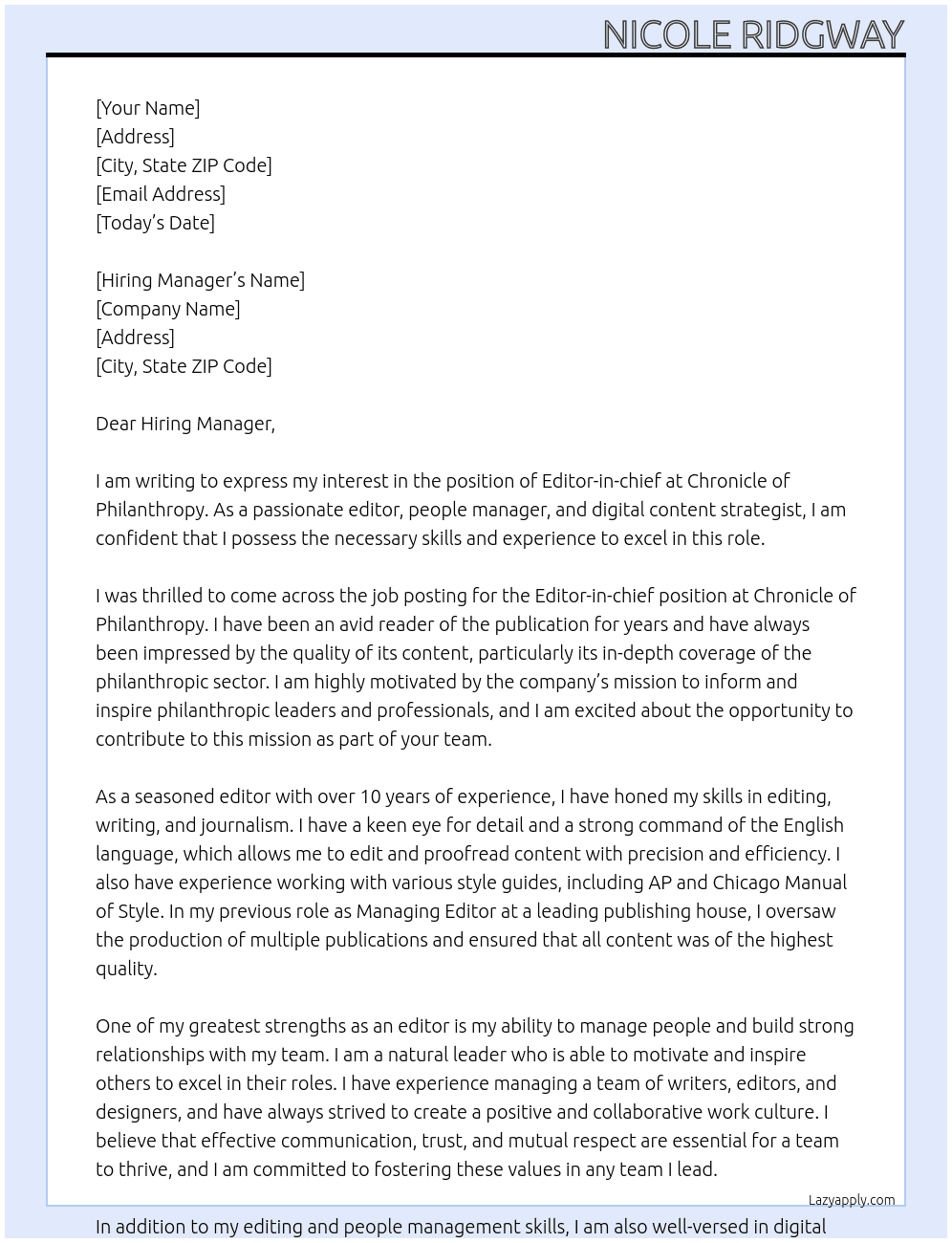 Editor-in-chief At Chronicle of Philanthropy Cover Letter