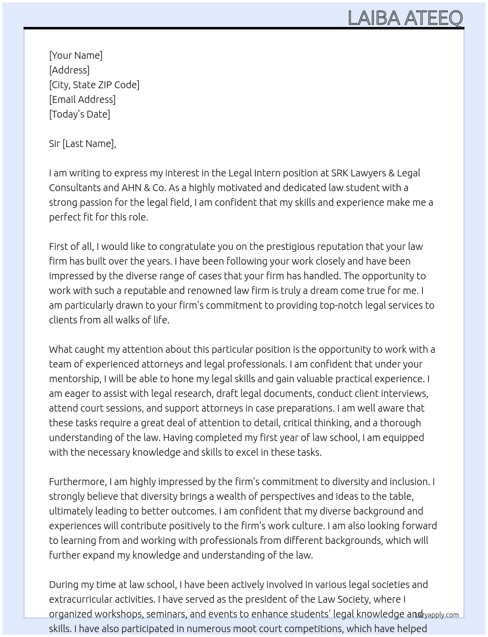 Legal intern At SRK Lawyers & legal consultants & AHN &co Cover Letter