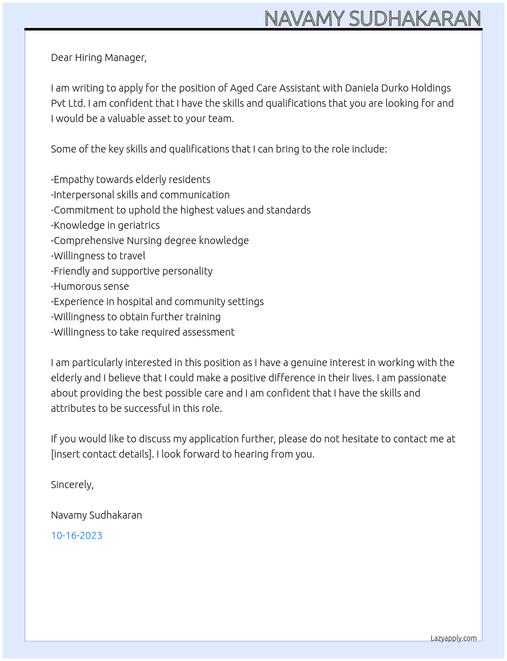 Aged care assistant At Daniela Durko Holdings Pvt Ltd Cover Letter