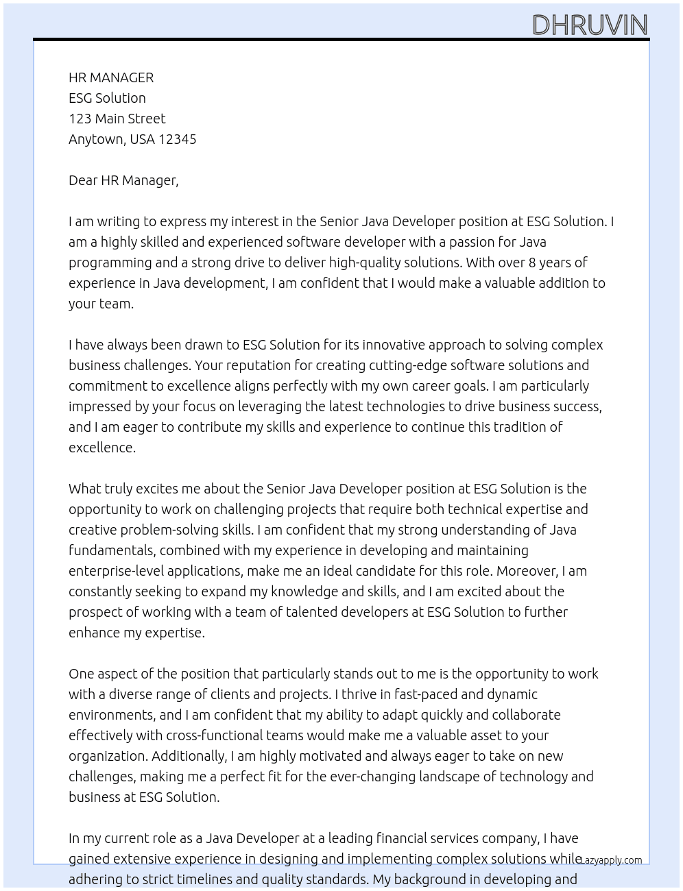 Senior Java Developer At ESG Solution Cover Letter
