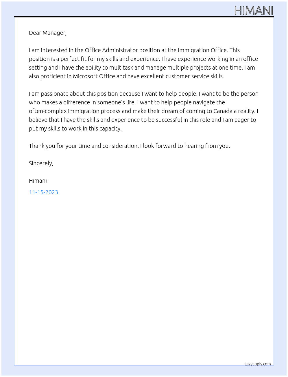 Office Administrator At Immigration Office Cover Letter