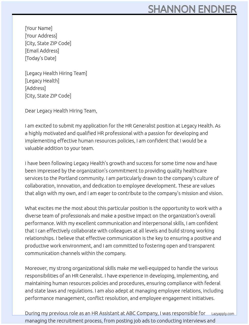 HR Generalist At Legacy Health  Cover Letter