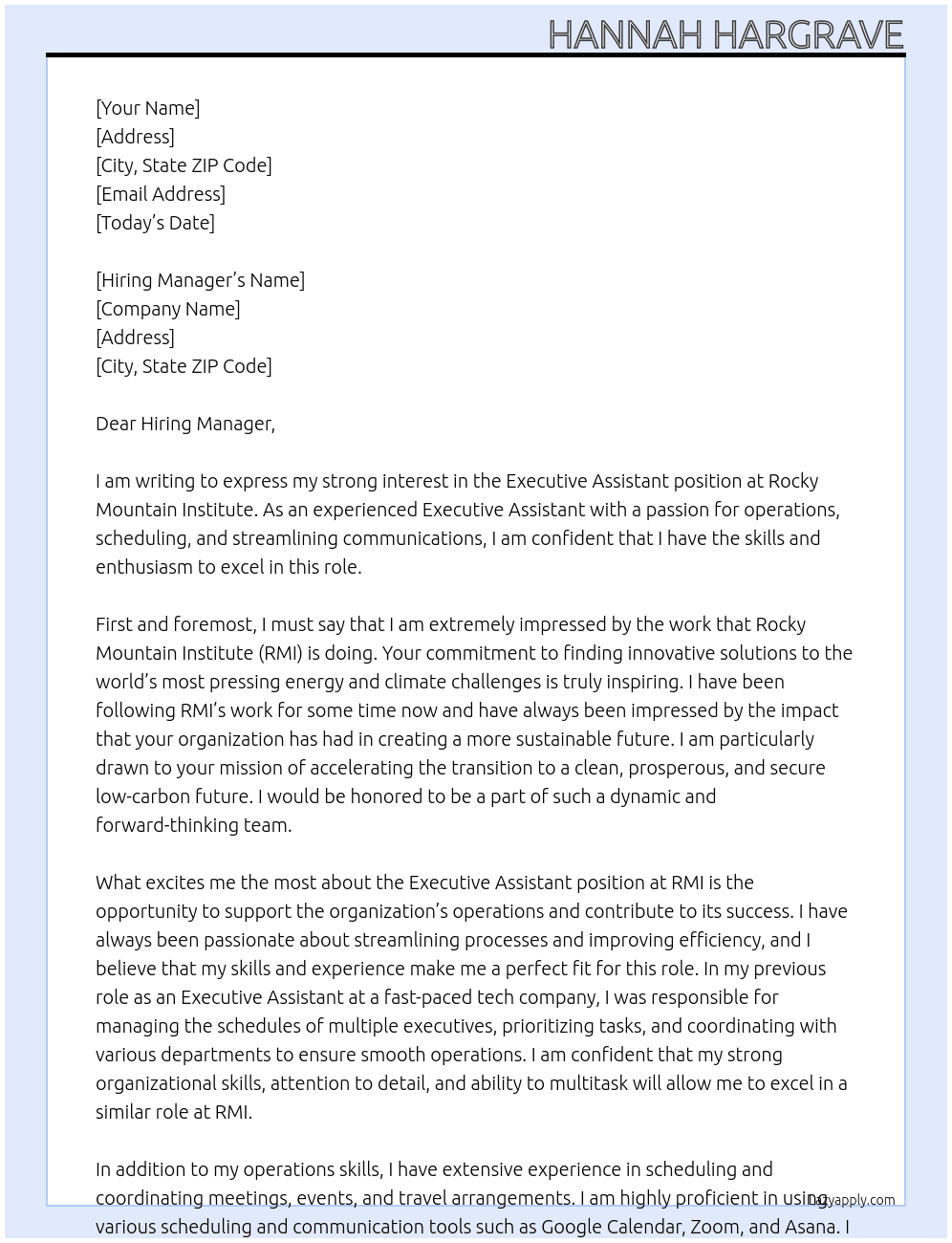 Executive Assistant At Rocky Mountain Institute Cover Letter