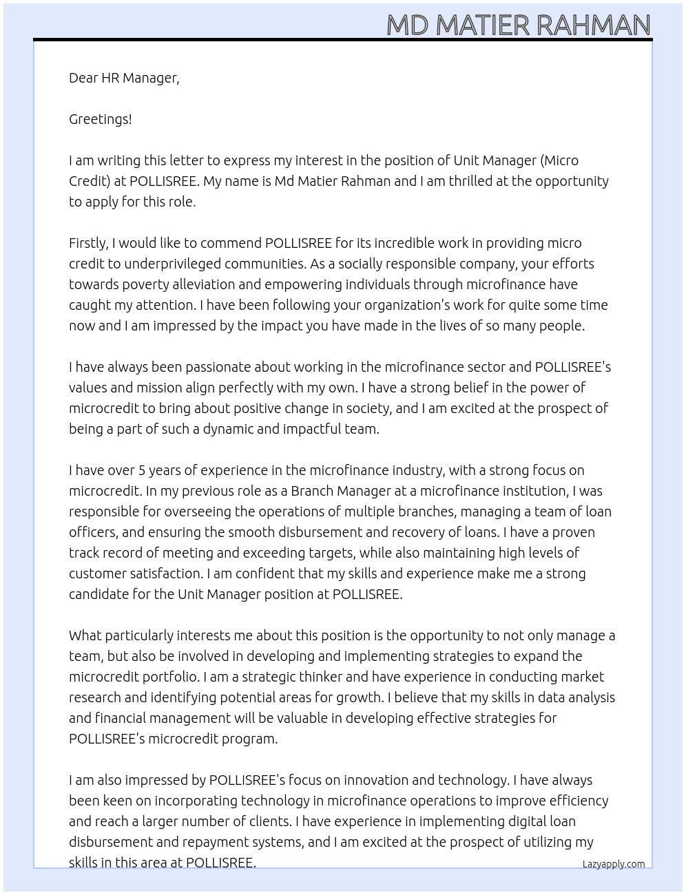 Unit Manager (MIcro Credit) At POLLISREE Cover Letter