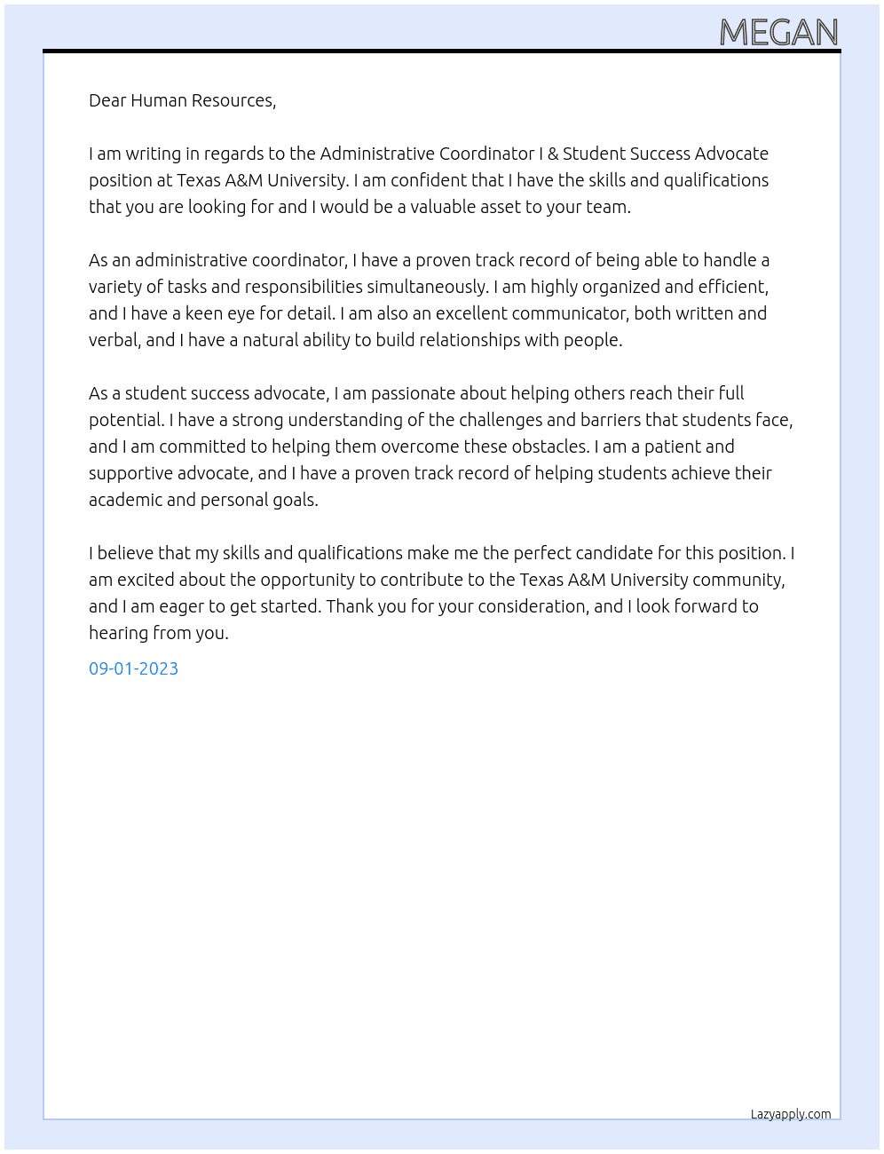 Administrative Coordinator I & Student Success Advocate At Texas A&M Univeristy Cover Letter