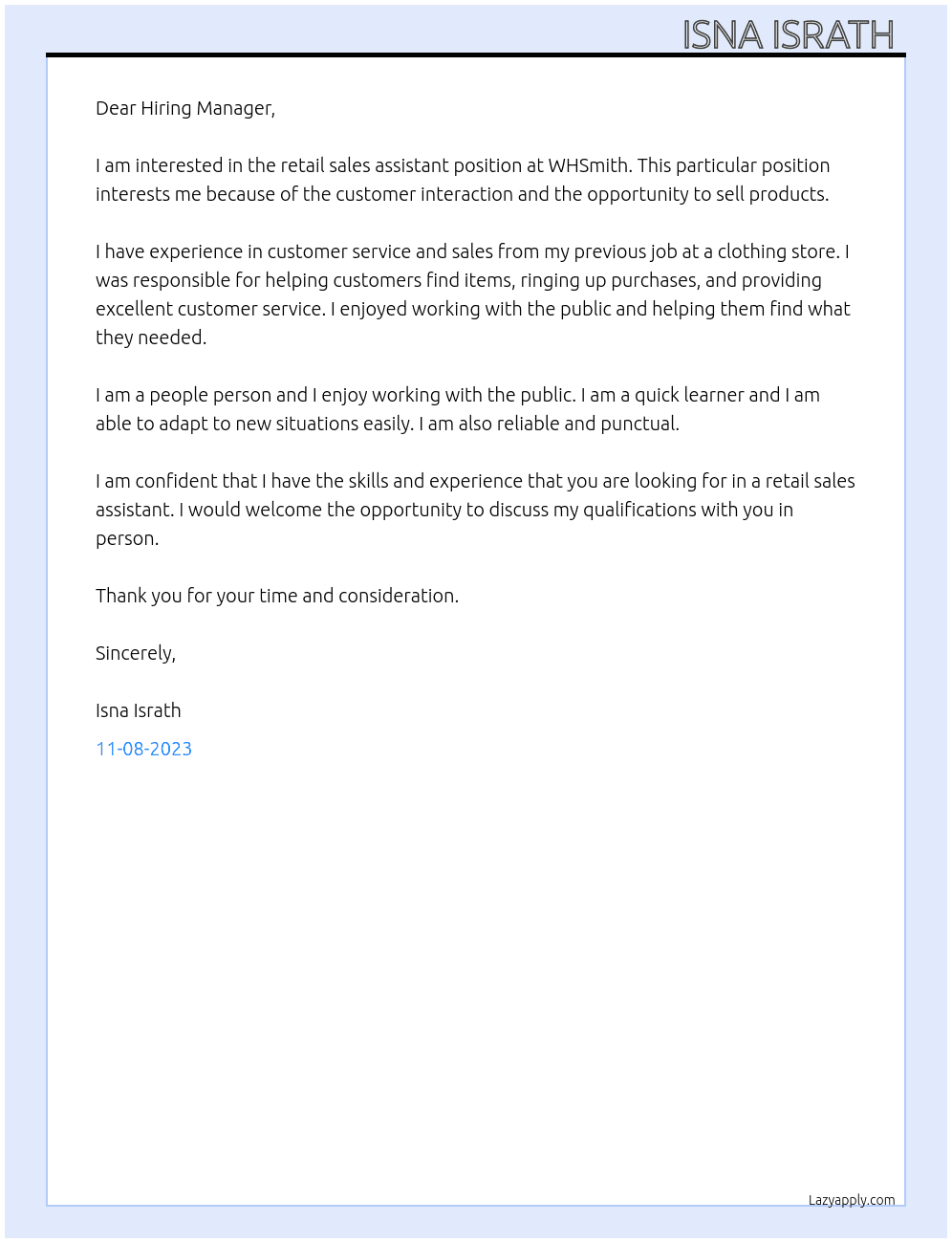 Retail sales assistant  At WHSmith  Cover Letter
