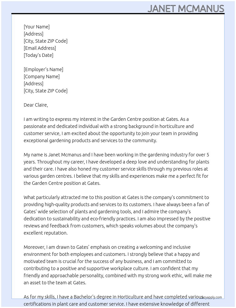 Garden centre  At Gates  Cover Letter